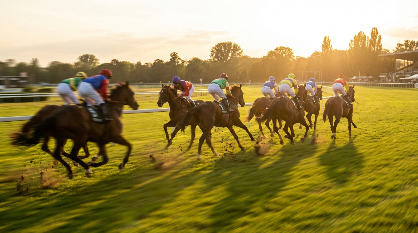 Chevaux en pleine course sur gazon au coucher du soleil